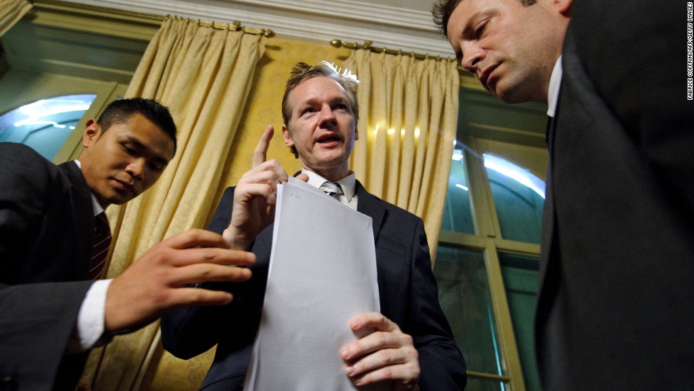 Assange and his bodyguards are seen after a news conference in Geneva, Switzerland, in November 2010. It was the month WikiLeaks began releasing diplomatic cables from US embassies.