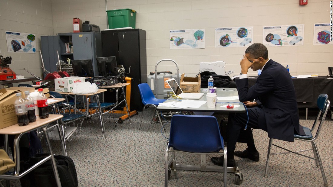 Making last-minute edits to his speech in Newtown, Connecticut, before a vigil for those killed at Sandy Hook Elementary School on  December 16, 2012. 