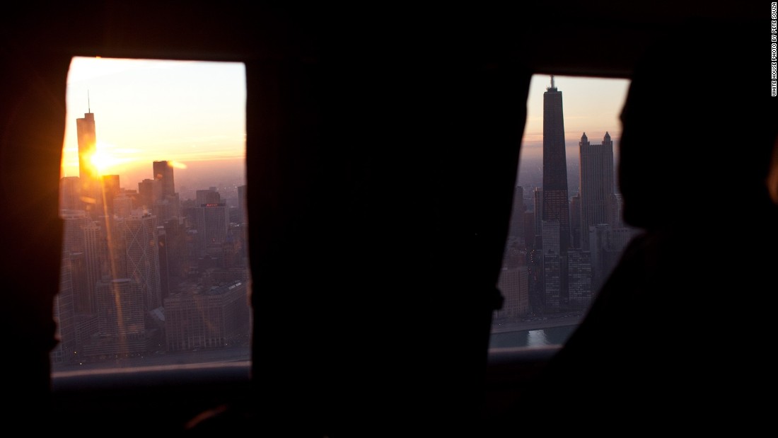 Viewing Chicago, Illinois, at sunset from Marine One on January 11, 2012. 