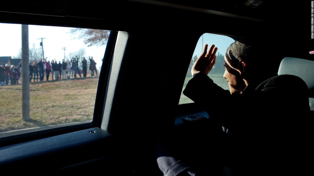 Waving to people after his economic speech in Osawatomie, Kansas, on December 6, 2011. 