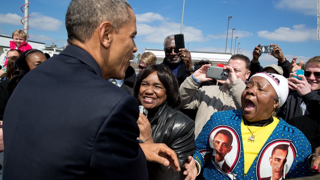 Reacting to an enthusiastic greeter at Columbia Metropolitan Airport in South Carolina on March 6, 2015.