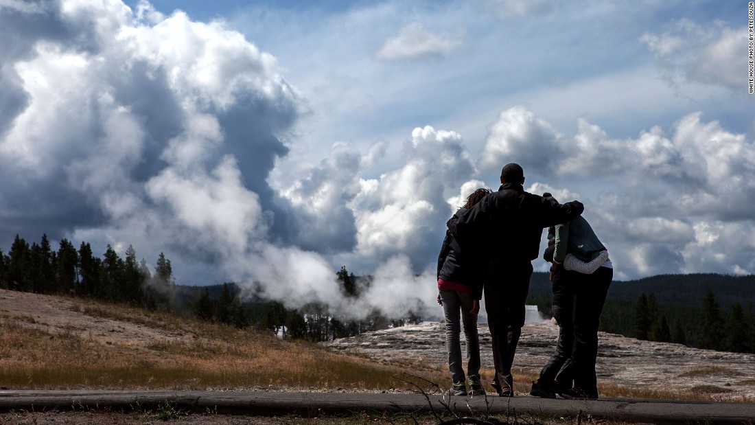 Watching geysers with the family at Yellowstone National Park in Wyoming on August 15, 2009. 