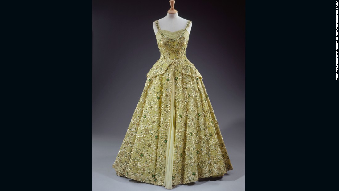 Evening gown embroidered with sequins, pearls, beads and diamante by Norman Hartnell, worn on a visit to the United States of America as a guest of President Eisenhower.