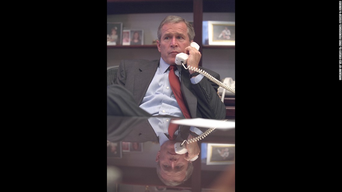 Bush talks on the phone at Barksdale Air Force Base.