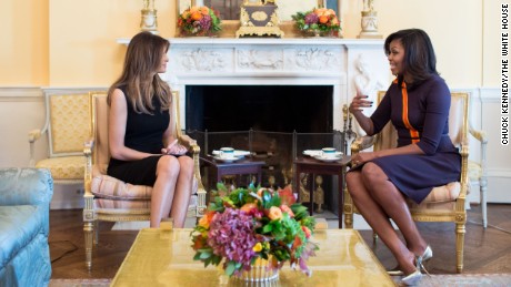 First Lady Michelle Obama meets with Melania Trump for tea in the Yellow Oval Room of the White House, Nov. 10, 2016. (Official White House Photo by Chuck Kennedy)

This official White House photograph is being made available only for publication by news organizations and/or for personal use printing by the subject(s) of the photograph. The photograph may not be manipulated in any way and may not be used in commercial or political materials, advertisements, emails, products, promotions that in any way suggests approval or endorsement of the President, the First Family, or the White House.