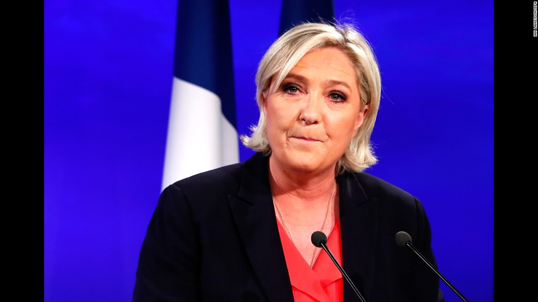 Marine Le Pen, candidate of the far-right Front National party,  delivers a speech in Paris on May 7 after losing to Macron.