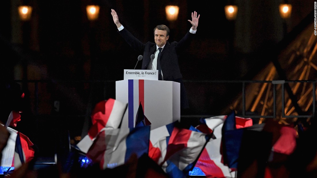 Emmanuel Macron addresses supporters at The Louvre on May 7 after winning the French Presidential Election.