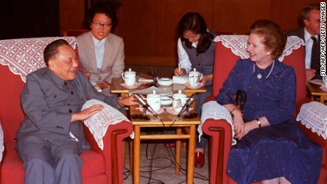 Chairman of the Chinese Communist Party Central Advisory Committee, Deng Xiaoping (L) and British Prime Minister Margaret Thatcher (R) talk in a file photo dated 24 September 1982 at the Great Hall of the People in Beijing during one of their meetings leading up to the signing of the Sino-British Joint Declaration on the future of Hong Kong on 26 September in 1984, setting up the territory as a Special  Administrative Region of China. . CHINA OUT / AFP / XINHUA / STR        (Photo credit should read STR/AFP/Getty Images)