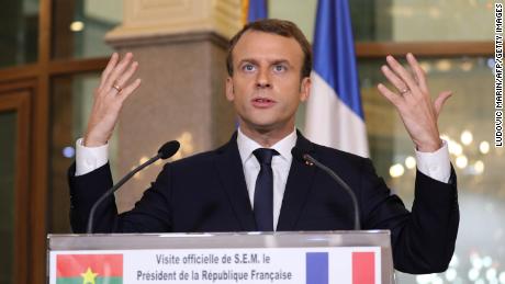 France&#39;s President Emmanuel Macron speaks during a press conferece Burkina Faso&#39;s President Roch Marc Christian Kabore at the Presidential Palace in Burkina Faso on November 28, 2017. / AFP PHOTO / POOL AND AFP PHOTO / LUDOVIC MARIN        (Photo credit should read LUDOVIC MARIN/AFP/Getty Images)