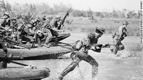 South Korean soldiers advance during an assault on an enemy position near Nha Trang in 1972 in Vietnam.  (Photo by David Hume Kennerly/Getty Images)