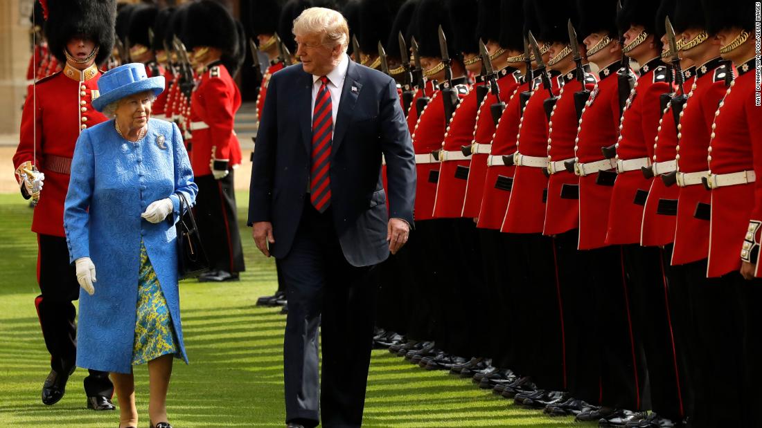 The Queen and US President Donald Trump inspect a guard of honor during &lt;a href=&quot;https://www.cnn.com/interactive/2018/07/politics/trump-europe-trip-cnnphotos/&quot; target=&quot;_blank&quot;&gt;Trump&#39;s visit to Windsor Castle&lt;/a&gt; in July 2018.