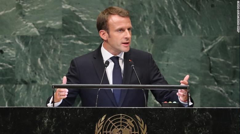 President of France Emmanuel Macron addresses the United Nations General Assembly on September 25, 2018 in New York City. 