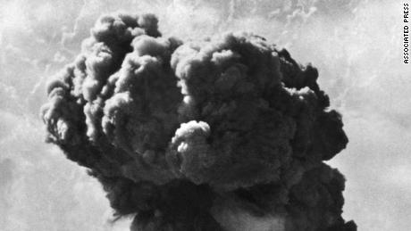 A dustcloud rises from a British nuclear bomb test on Sept. 14, 1952 in Maralinga, Australia.