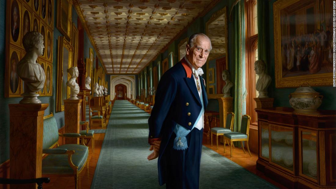 This portrait, painted by Ralph Heimans, shows Prince Philip in the Grand Corridor of Windsor Castle. It was unveiled in December 2017.