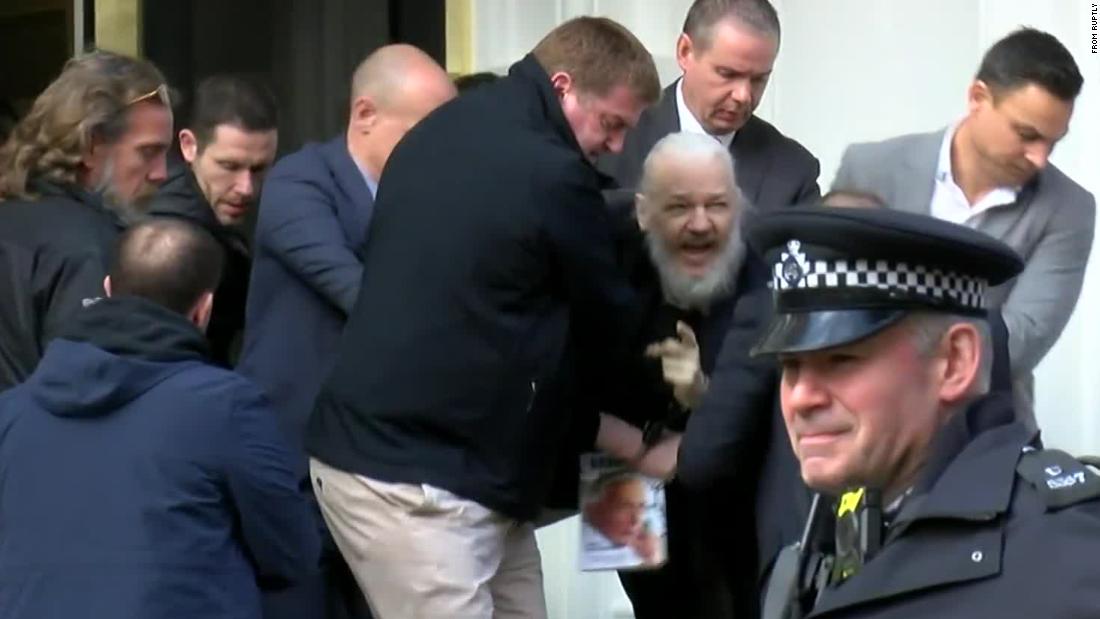 A screen grab from video footage shows the dramatic moment when Assange was &lt;a href=&quot;https://edition.cnn.com/2019/04/11/uk/julian-assange-arrested-gbr-intl/index.html&quot; target=&quot;_blank&quot;&gt;hauled out of the Ecuadorian Embassy by police&lt;/a&gt; in April 2019. Assange was arrested for &quot;failing to surrender to the court&quot; over a warrant issued in 2012. Officers made the initial move to detain Arrange after Ecuador withdrew his asylum and invited authorities into the embassy, citing his bad behavior.