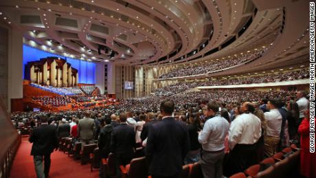 SALT LAKE CITY, UT - APRIL 06: Over 20,000 members of the Church of Jesus Christ of Latter-Day Saints and the Tabernacle Choir at Temple Square sing a song together at first session of the 189th Annual General conference of the church at the Conference Center on April 6, 2019 in Salt Lake City, Utah. Several thousands faithful Mormons from around the worlds will gather for two days of instruction from church leaders. (Photo by George Frey/Getty Images)