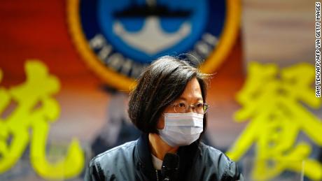 Taiwan President Tsai Ing-wen (C) speaks during her inspection of a Republic of China Navy fleet in Keelung on March 8, 2021. (Photo by Sam Yeh / AFP) (Photo by SAM YEH/AFP via Getty Images)