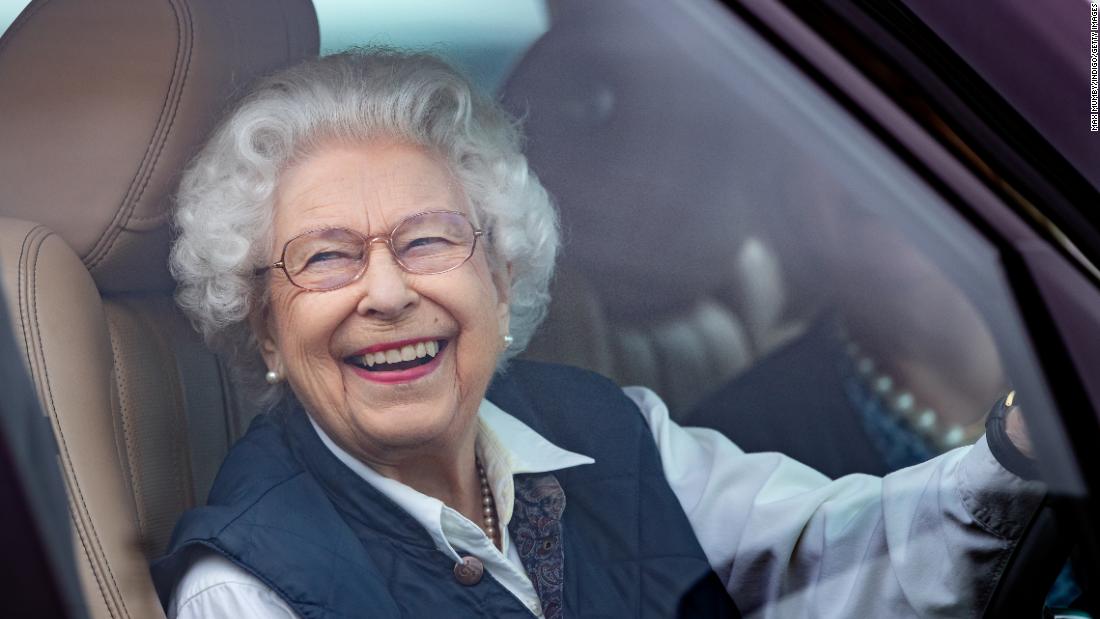 The Queen drives her Range Rover as she attends the Royal Windsor Horse Show in Windsor, England, in July 2021.