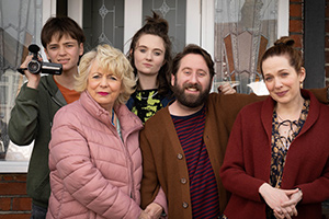 Here We Go. Image shows from L to R: Sam (Jude Collie), Sue (Alison Steadman), Amy (Freya Parks), Paul (Jim Howick), Rachel (Katherine Parkinson)