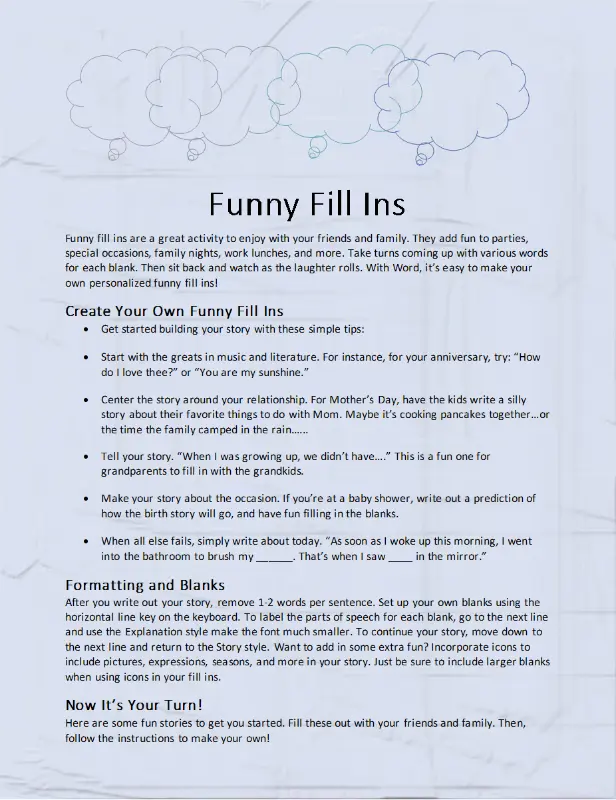 Fun fill-in story modern simple