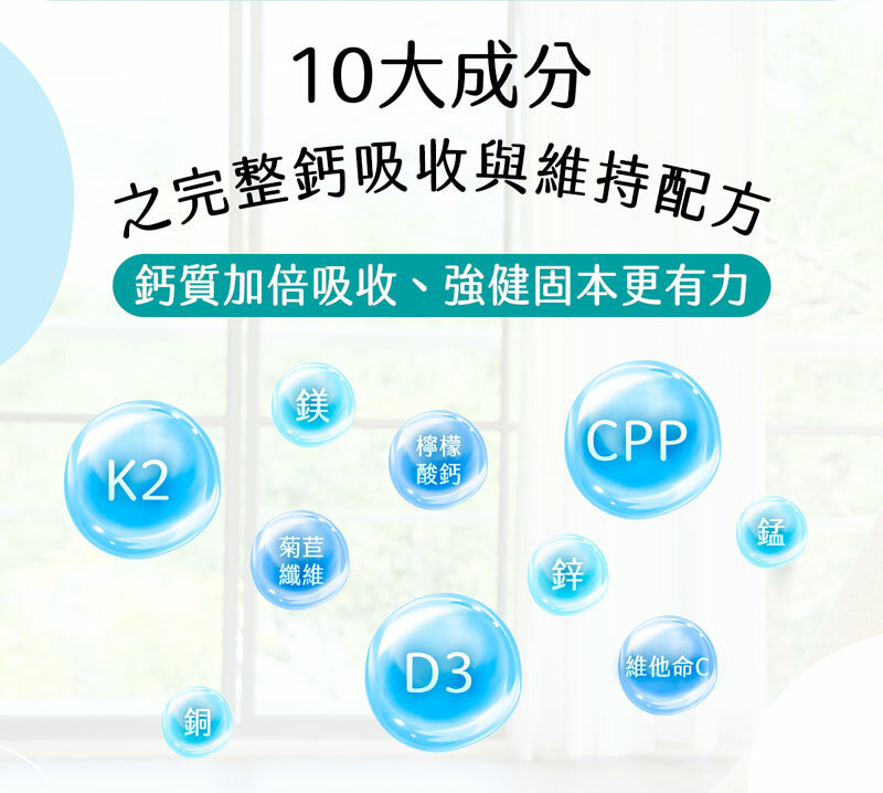 10大成份之完整鈣吸收與維持配方,鈣質加倍吸收、強健固本更有力