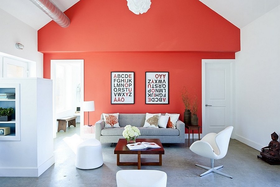 Cheerful living room with a splash of red [By: ZeroEnergy Design]