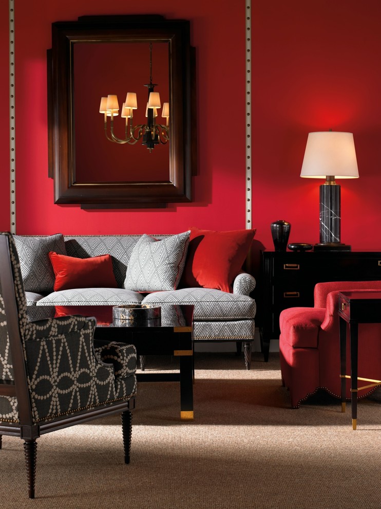 Stylish transitional living room in red [Design: American Traditions]