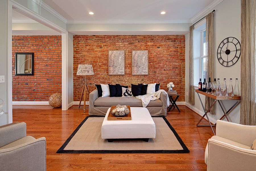 Eclectic living room with masterful use of the brick accent wall [From: StruXture Photography]