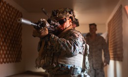 A U.S. Marine with 3d Littoral Combat Team, 3d Marine Littoral Regiment, 3d Marine Division, conducts a close-quarter battle test during a squad competition at Marine Corps Base Hawaii, Oct. 3, 2024. 