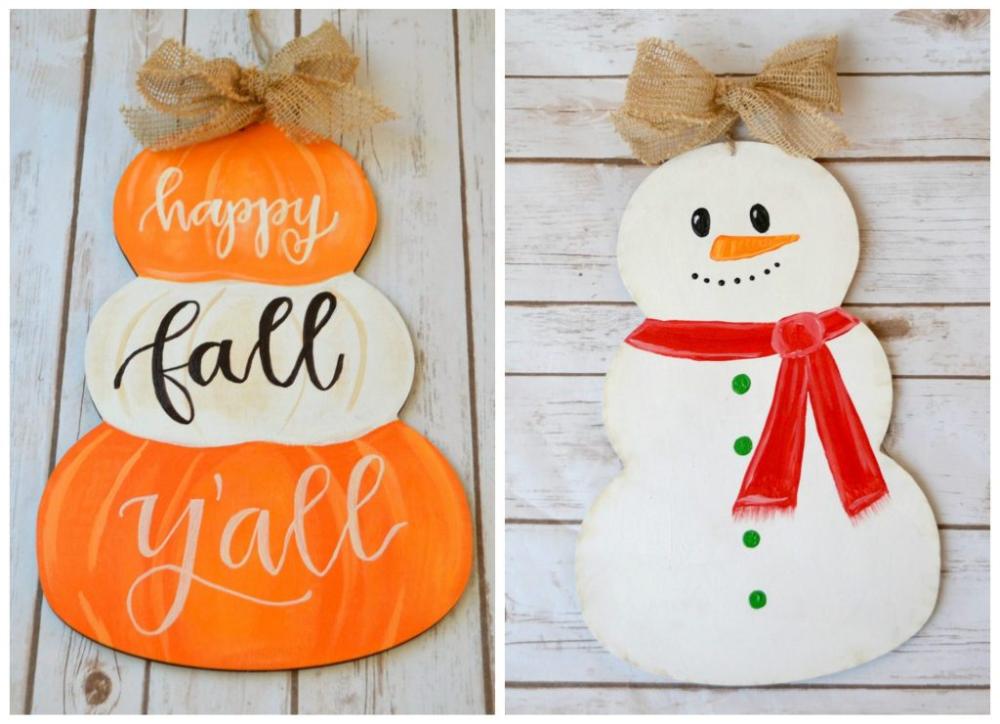 Reversible winter and fall door sign