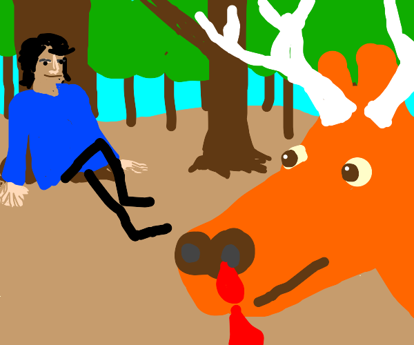 Guy with only stick legs sees bleeding deer