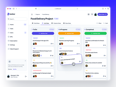 slothUI - World's Laziest Design System - Kanban Dashboard UIUX clean dashboard dashboard design dashboard ui design system figma gradient kanban kanban dashboard kanban ui minimal modern project management project management dashboard project management ui purple soft ui ui design ui kit