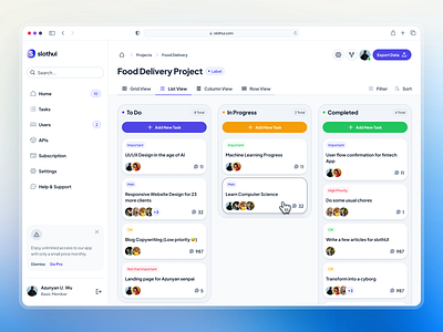 slothUI: World's Laziest Design System | Kanban Dashboard UIUX blue clean dashboard dashboard ui design system figma figma ui kit gradient kanban kanban app kanban card ui kanban dashboard kanban ui minimal project management project management dashboard project management ui soft ui design ui kit