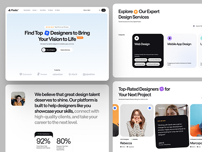 Pixelia – Talent Marketplace Website agency designer find jobs home page landing page layout marketplace minimal service typography ui ui design uiux web design website