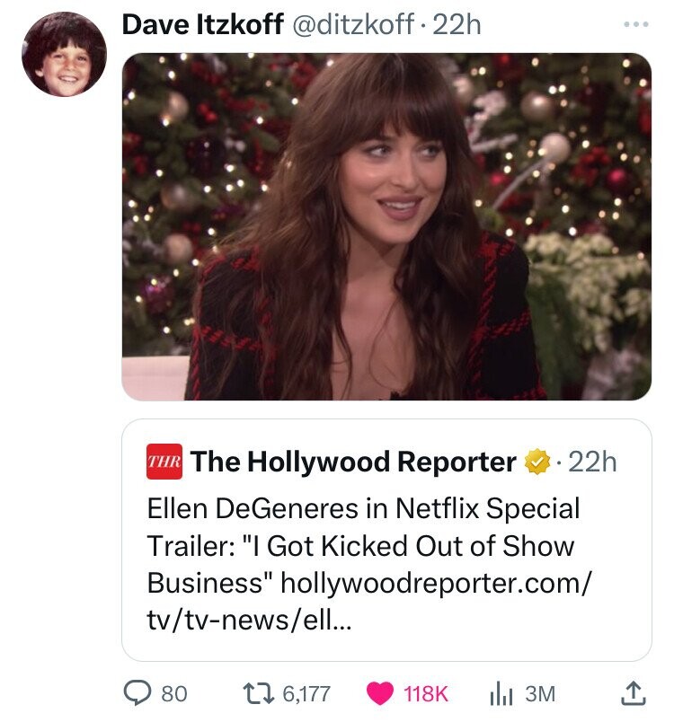 christmas - Dave Itzkoff 22h The The Hollywood Reporter 22h Ellen DeGeneres in Netflix Special Trailer "I Got Kicked Out of Show Business" hollywoodreporter.com tvtvnewsell... 80 176, Il 3M 1