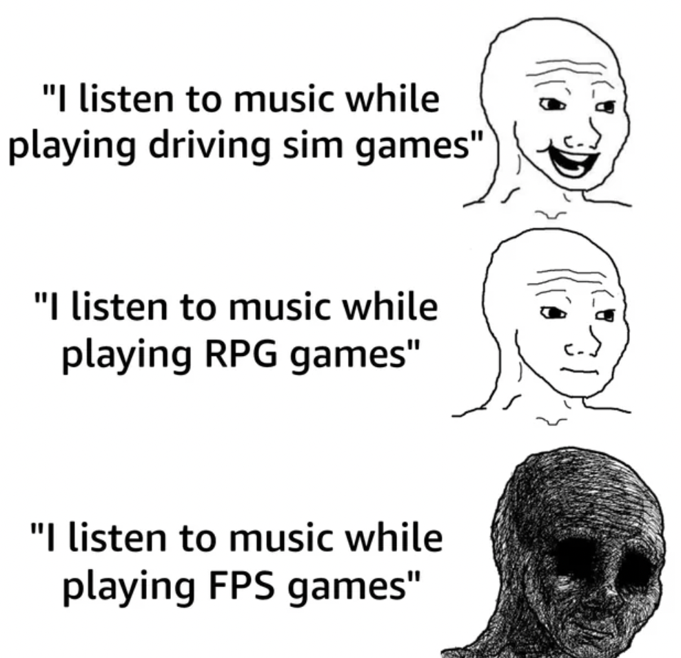 line art - "I listen to music while playing driving sim games" "I listen to music while playing Rpg games" "I listen to music while playing Fps games"