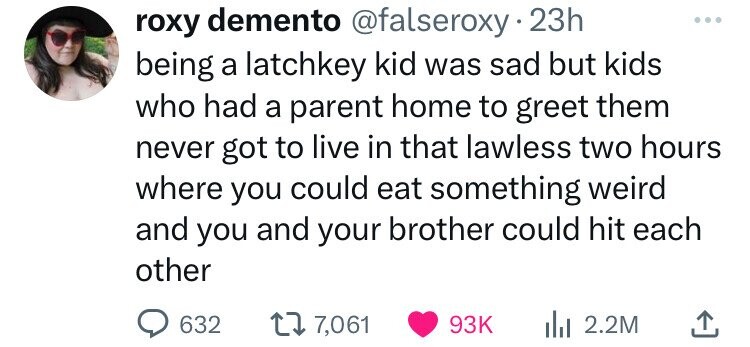 number - roxy demento 23h being a latchkey kid was sad but kids who had a parent home to greet them never got to live in that lawless two hours where you could eat something weird and you and your brother could hit each other 632 7, ili 2.2M