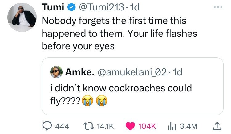 screenshot - Tumi .1d Nobody forgets the first time this happened to them. Your life flashes before your eyes Amke. .1d i didn't know cockroaches could fly???? Q444 || 3.4M