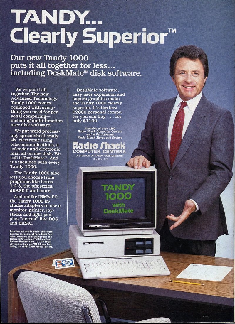 vintage computer ads - computer vintage ad - Tandy... Clearly Superior Tm Our new Tandy 1000 puts it all together for less... including DeskMate disk software. DeskMate software, easy user expansion and superb graphics make the Tandy 1000 clearly superior