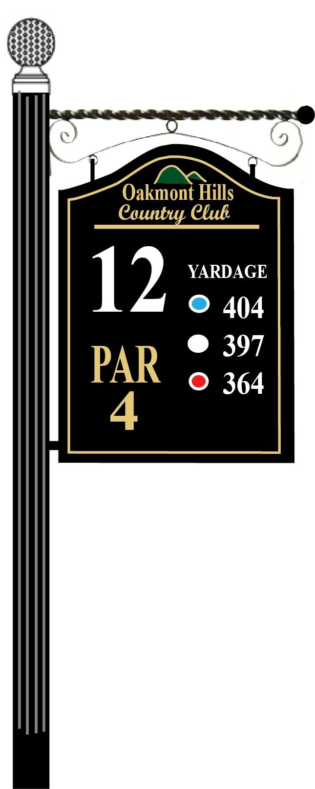 E14347 - Wooden Golf Tee Sign Mounted below Wrought Iron Scroll Bar; Golf Ball Finial on Top of Aluminum Post