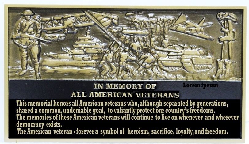 M7108 - Carved 3-D Brass-Plated HDU Memorial  Plaque for "All American Veterans", with Montage of Military Scenes from Previous US Wars, from WW I to the Present