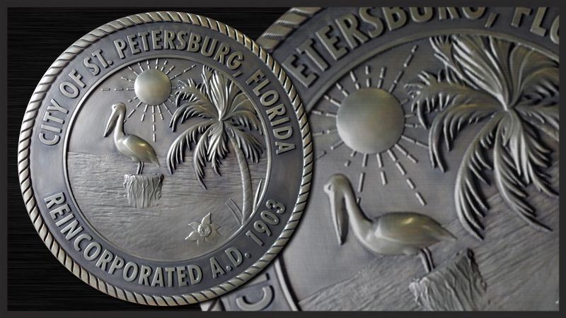 M7260 - Carved 3D Stainless Steel Plaque of the Seal of the City of St. Petersburg, Florida.