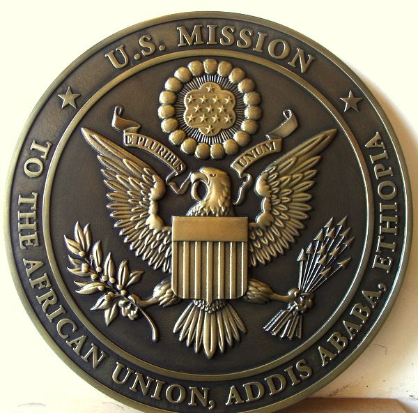 M7138 - Polished Brass 3D Plaque with Patina, US Mission to African Union