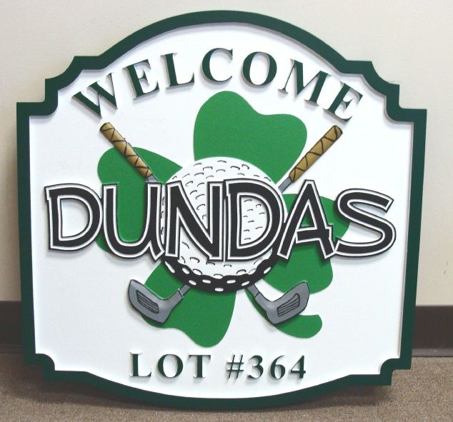 E14765 - Welcome Address Sign for Golfers Residence, with Clubs and Shamrock