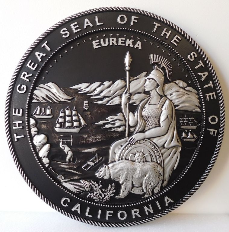 M7463 - Metallic Silver and Black Painted carved 3D HDU plaque features the Great Seal  of the State of California 