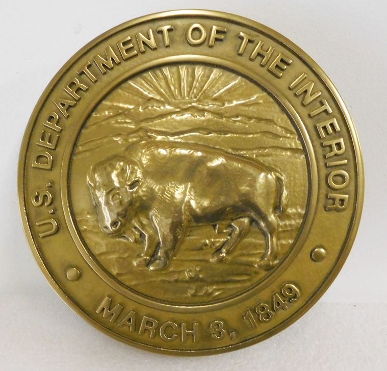 M7103 -  3-D Brass Wall Plaque for the  Seal of the US Department of the Interior , with Buffalo as Artwork