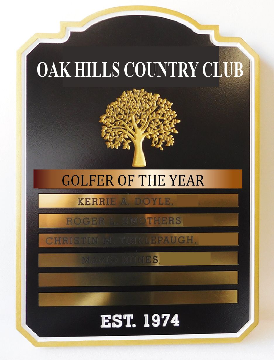 E14710 -  Perpetual Plaque for Oak Hills Country  Club Golfer of the Year with Brass Plates and Brass Tree Logo 