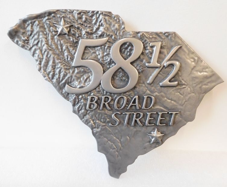 M7273 - Aluminum-plated  Carved High-Density-Urethane (HDU) Address Number Plaque of a Topographic Map of the State of South Carolina