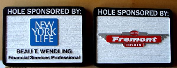 E14579 – Carved and Sandblasted HDU Golf Hole Sponsor Signs, New York Life and Toyota 