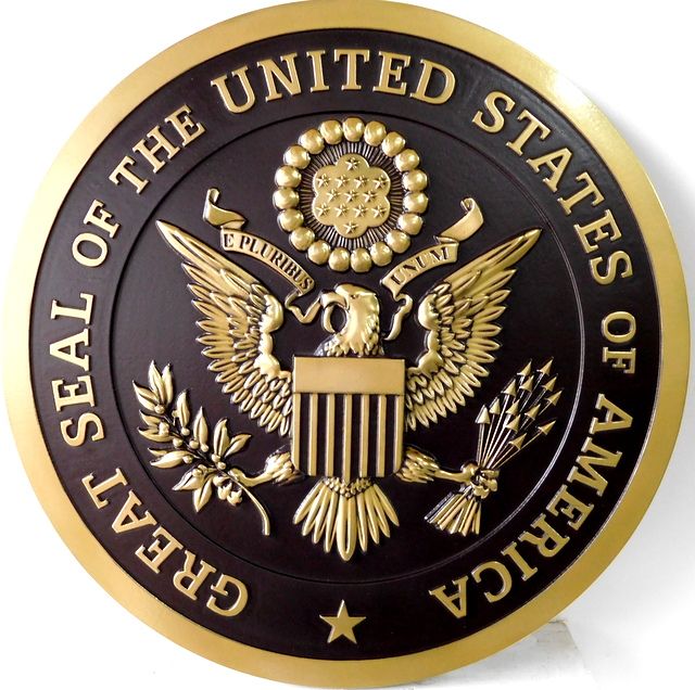 M7140 -  Carved 3D  Polished Brass Wall plaque for the Great Seal of the United States, with Hand-Rubbed Black Background